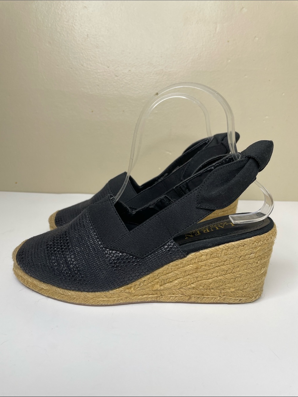 LAUREN RALPH LAUREN Black HELMA Slingback Quiet Luxury Espadrille Wedge Heels 7B